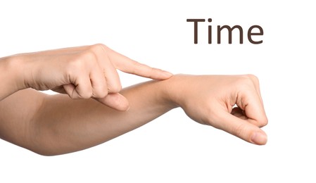 Image of Woman showing word Time on white background, closeup. Sign language
