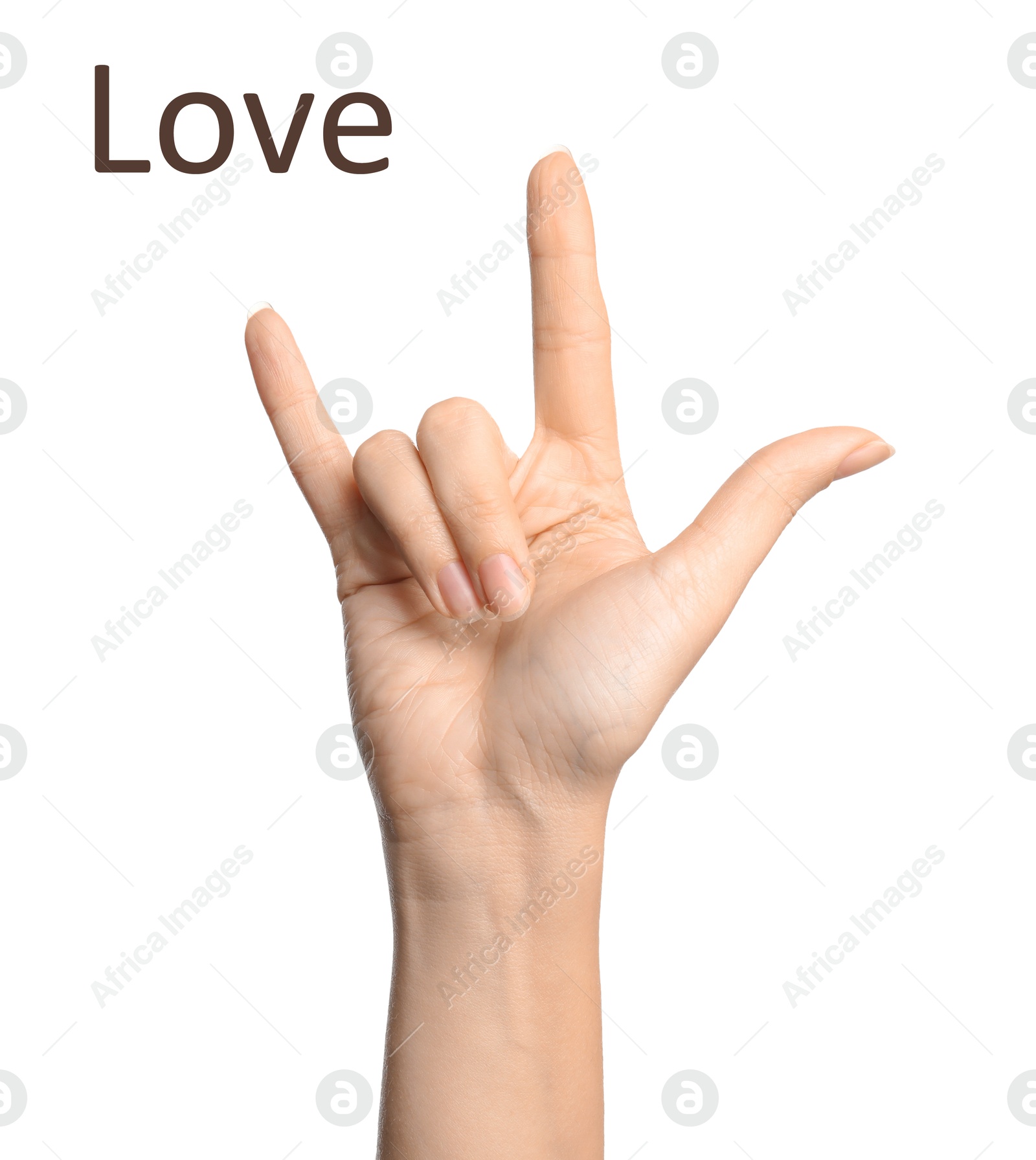 Woman showing word Love on white background, closeup. Sign language Image of Woman showing word Love on white background, closeup. Sign language