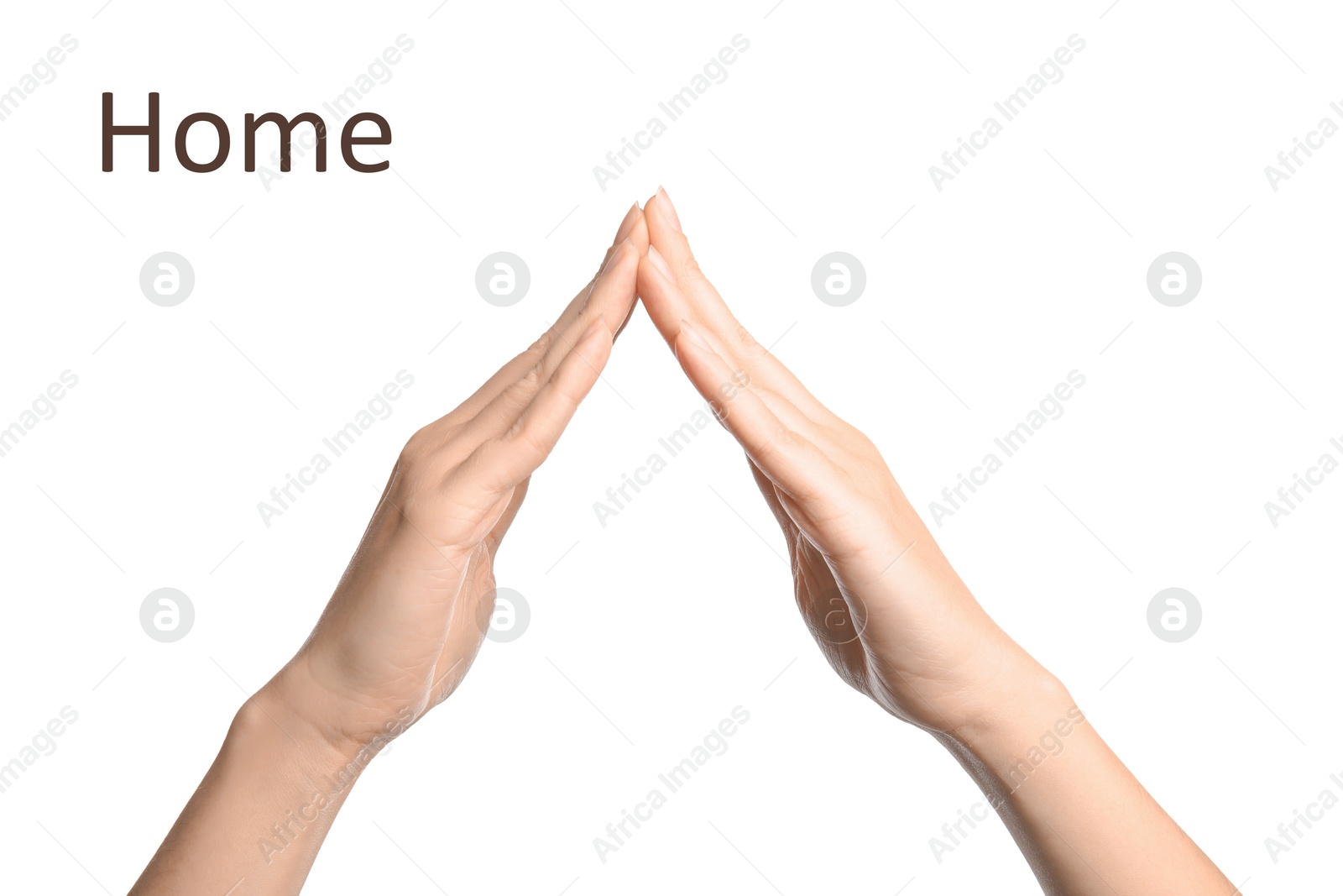 Image of Woman showing word House on white background, closeup. Sign language