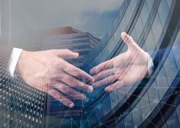 Image of Business partners shaking hands against office buildings, double exposure. Deal, agreement, partnership, success
