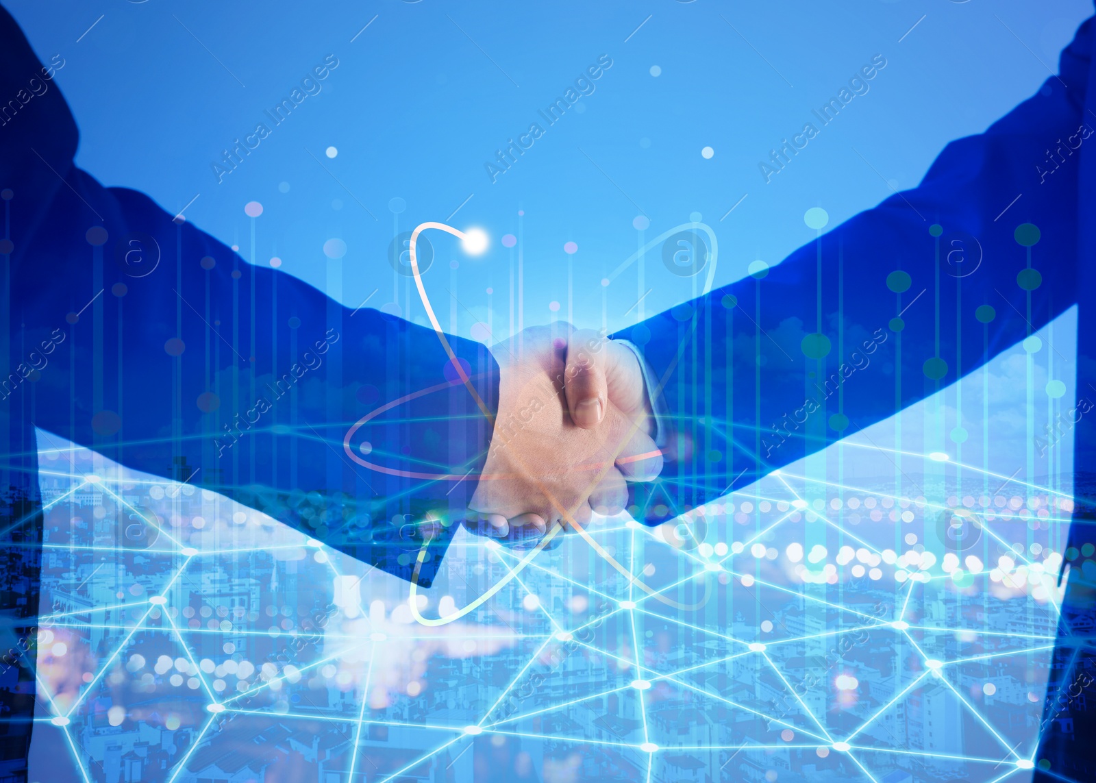 Business partners shaking hands against cityscape, multiple exposure. Deal, agreement, partnership, success Image of Business partners shaking hands against cityscape, multiple exposure. Deal, agreement, partnership, success