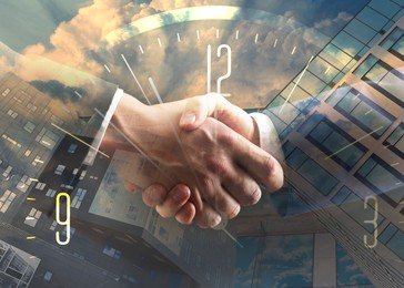 Image of Business partners shaking hands against office buildings, multiple exposure with clock. Deal, agreement, partnership, success