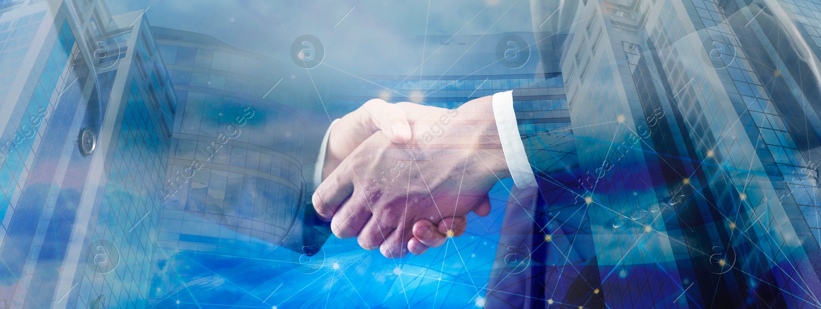 Business partners shaking hands against office buildings, double exposure. Deal, agreement, partnership, success Image of Business partners shaking hands against office buildings, double exposure. Deal, agreement, partnership, success