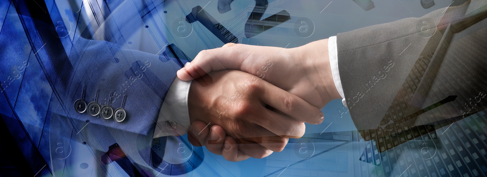 Image of Business partners shaking hands against office buildings, multiple exposure with clock. Deal, agreement, partnership, success
