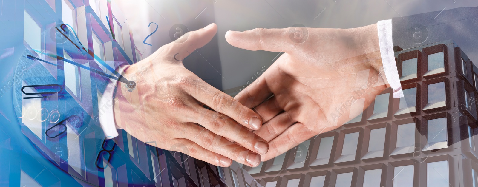 Image of Business partners shaking hands against office buildings, multiple exposure with clock. Deal, agreement, partnership, success