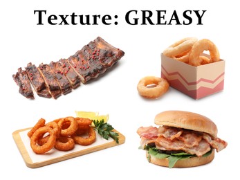 Image of Foods with greasy texture on white background, set