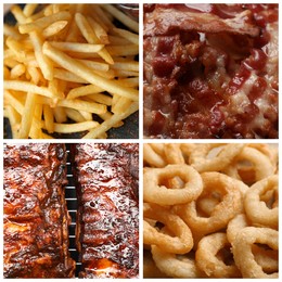 Image of Different foods with greasy texture combined into collage