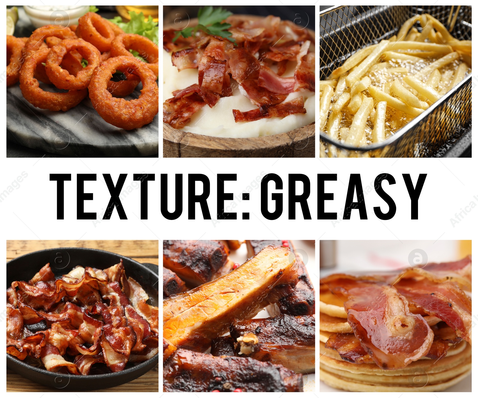Different foods with greasy texture combined into collage Image of Different foods with greasy texture combined into collage