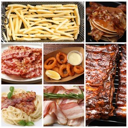 Image of Different foods with greasy texture combined into collage