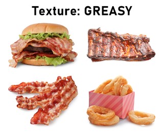 Image of Foods with greasy texture on white background, set