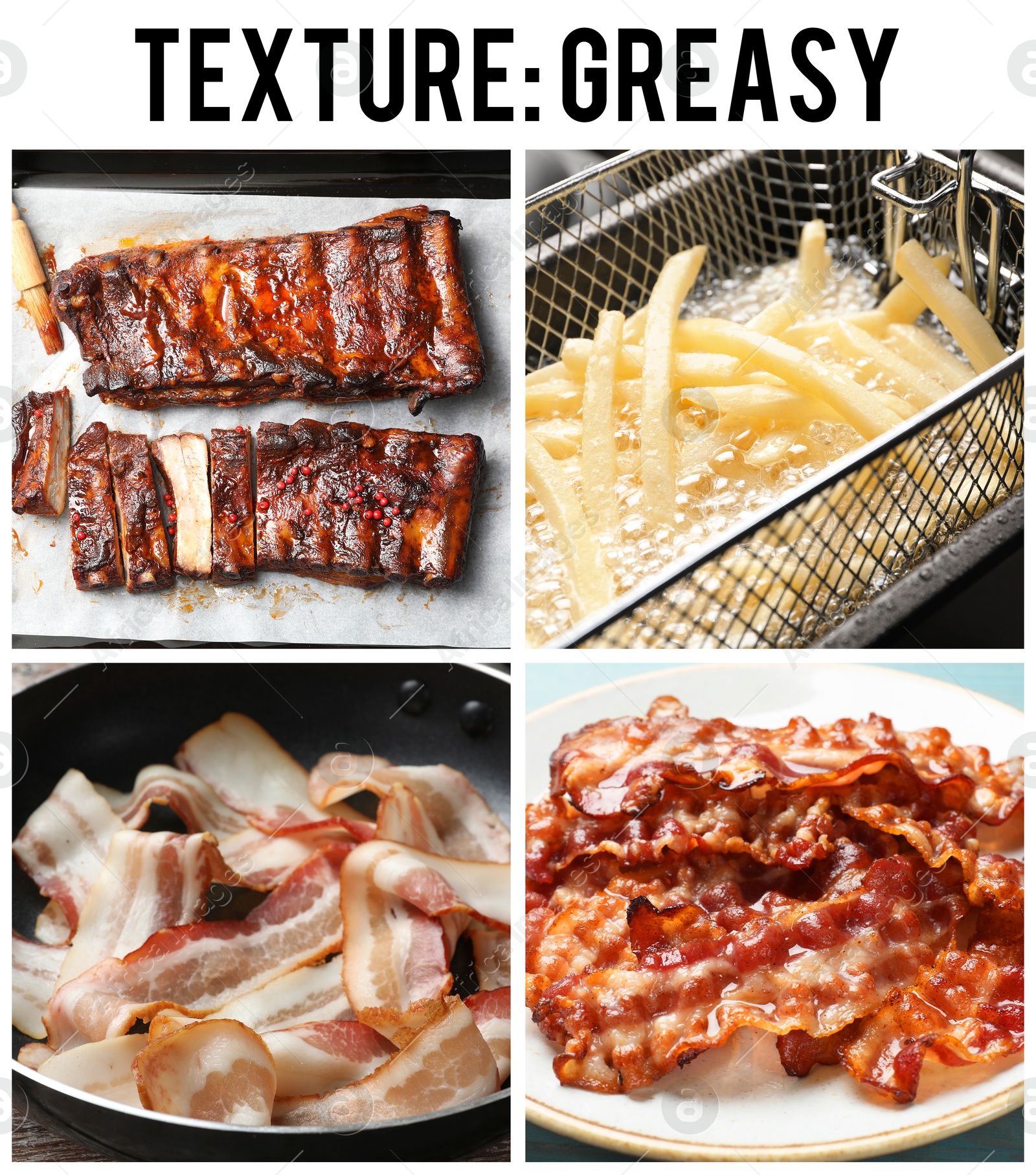 Different foods with greasy texture combined into collage Image of Different foods with greasy texture combined into collage