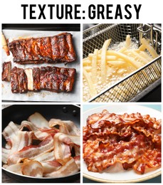 Image of Different foods with greasy texture combined into collage