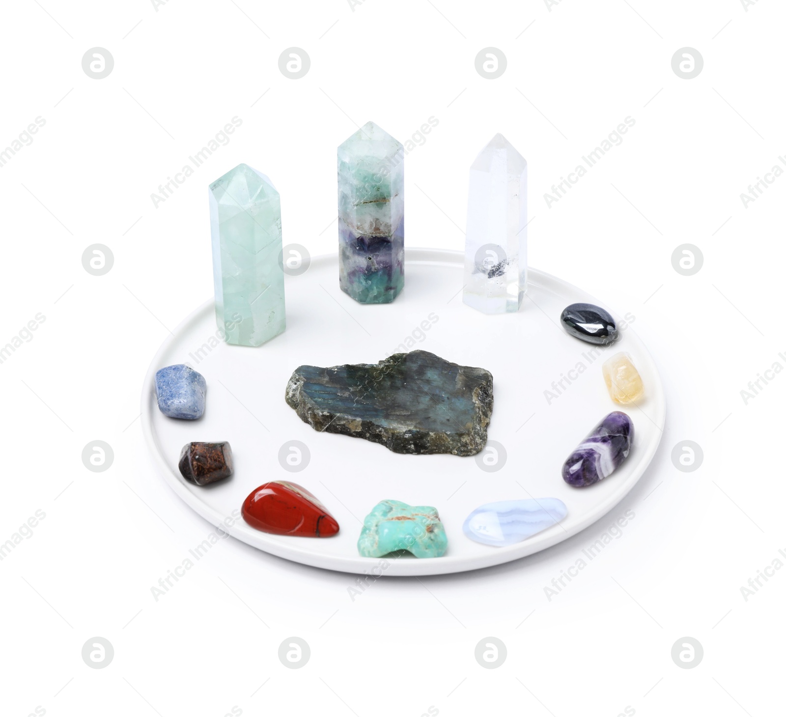Photo of Many different healing stones isolated on white