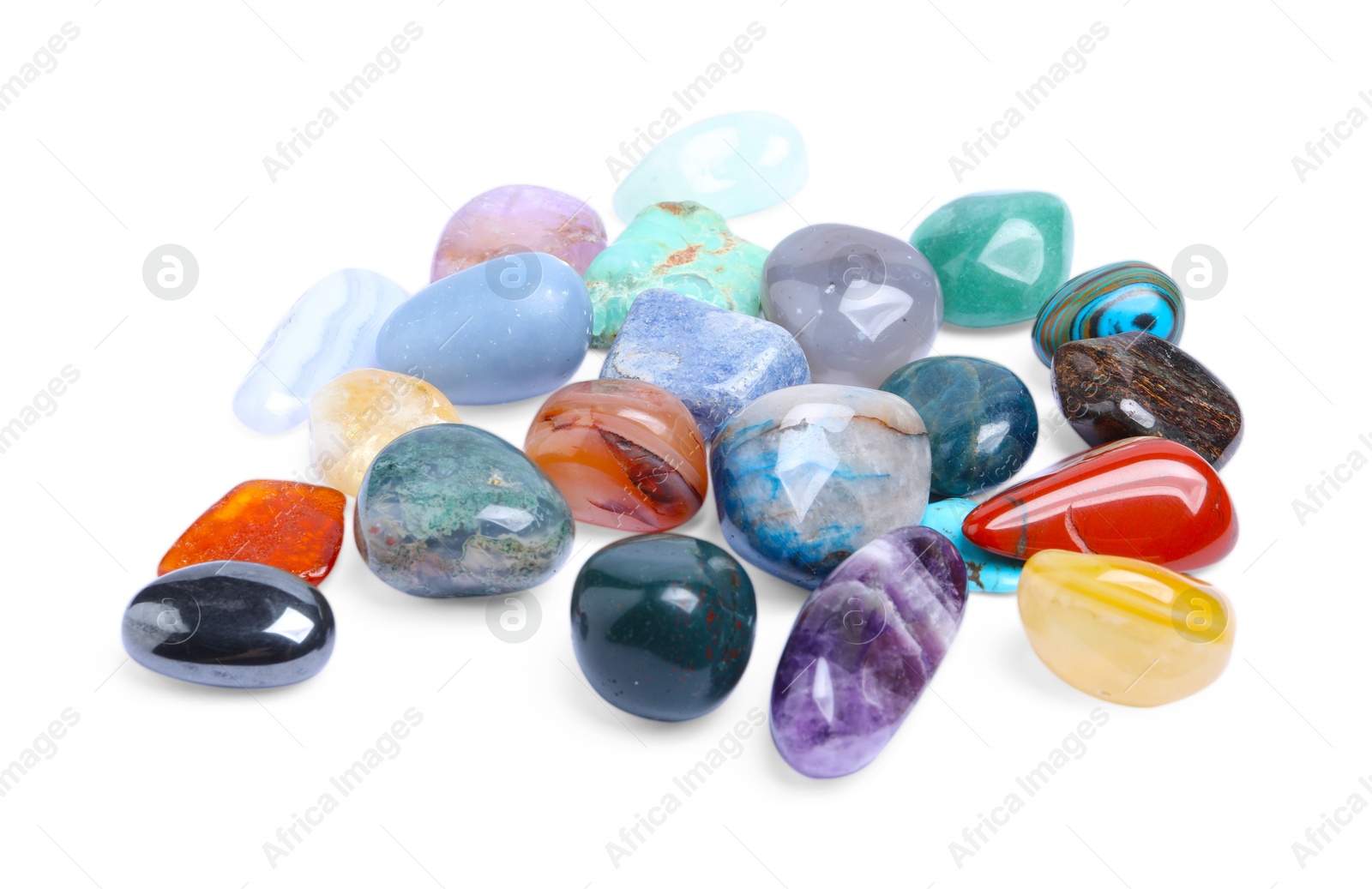 Photo of Many different healing stones isolated on white