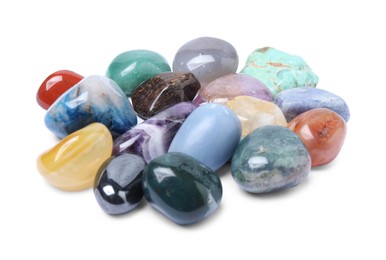 Photo of Many different healing stones isolated on white