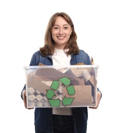 Photo of Recycling. Smiling woman holding plastic box with different waste paper on white background