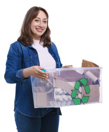Photo of Recycling. Smiling woman holding plastic box with different waste paper on white background