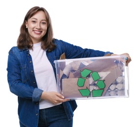 Photo of Recycling. Smiling woman holding plastic box with different waste paper on white background