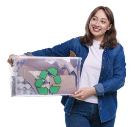 Photo of Recycling. Smiling woman holding plastic box with different waste paper on white background