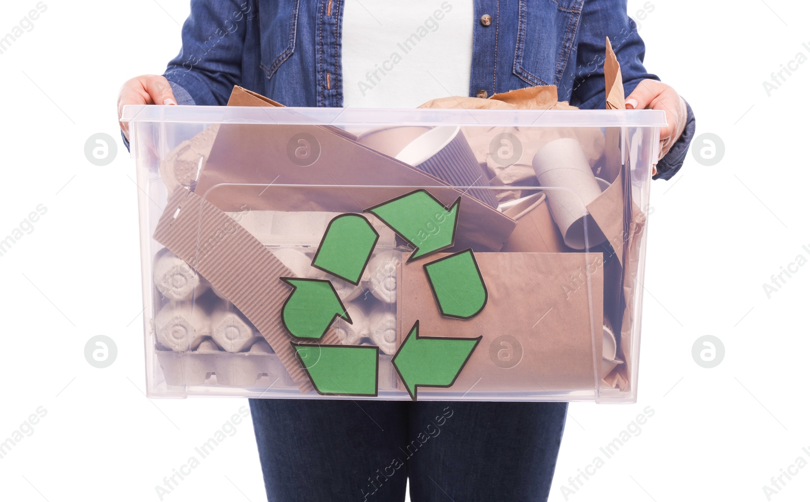 Photo of Recycling. Woman holding plastic box with different waste paper on white background, closeup