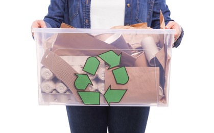 Photo of Recycling. Woman holding plastic box with different waste paper on white background, closeup