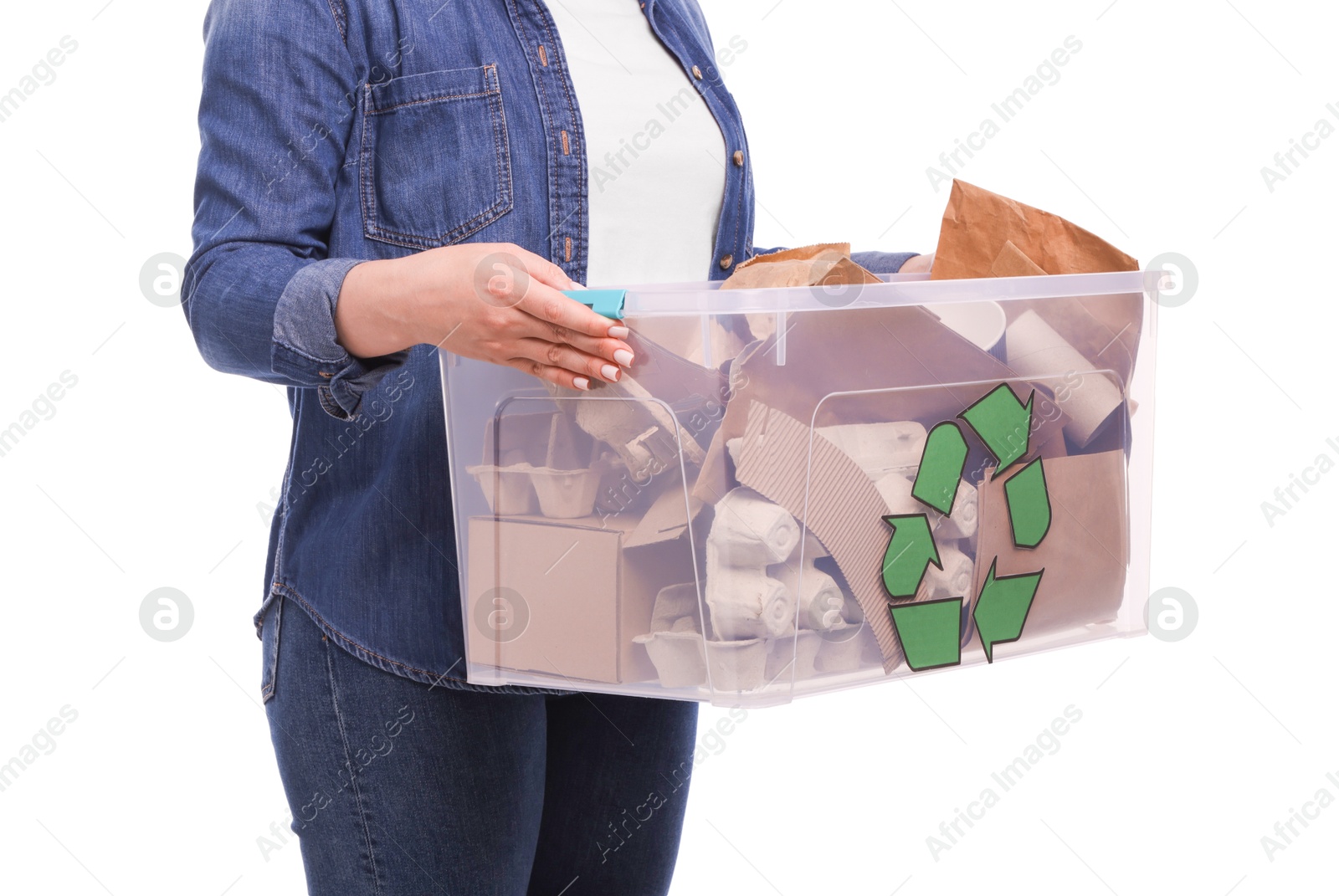 Photo of Recycling. Woman holding plastic box with different waste paper on white background, closeup