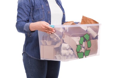 Photo of Recycling. Woman holding plastic box with different waste paper on white background, closeup