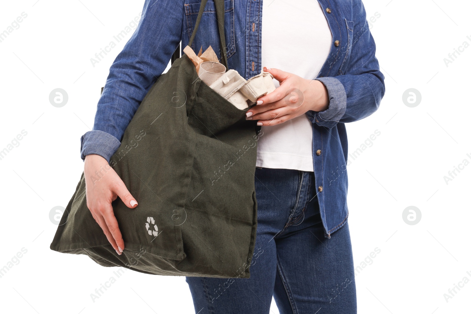 Photo of Recycling. Woman with bag full of different waste paper on white background, closeup