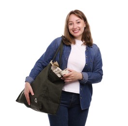 Photo of Recycling. Smiling woman with bag full of different waste paper on white background
