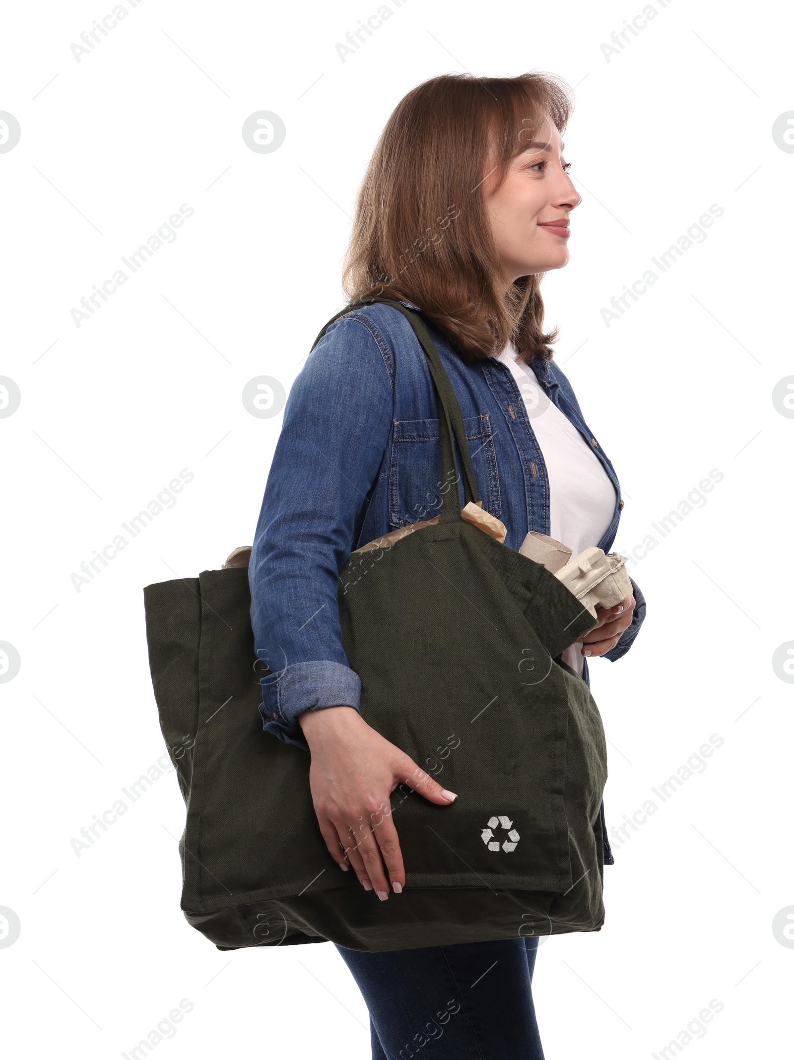Photo of Recycling. Woman with bag full of different waste paper on white background