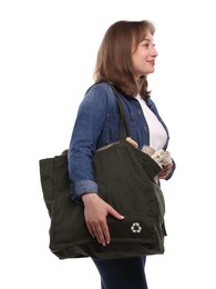 Photo of Recycling. Woman with bag full of different waste paper on white background