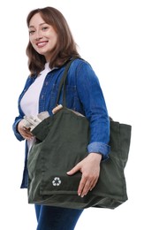 Photo of Recycling. Smiling woman with bag full of different waste paper on white background