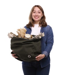 Photo of Recycling. Smiling woman with bag full of different waste paper on white background