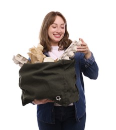 Photo of Recycling. Smiling woman with bag full of different waste paper on white background