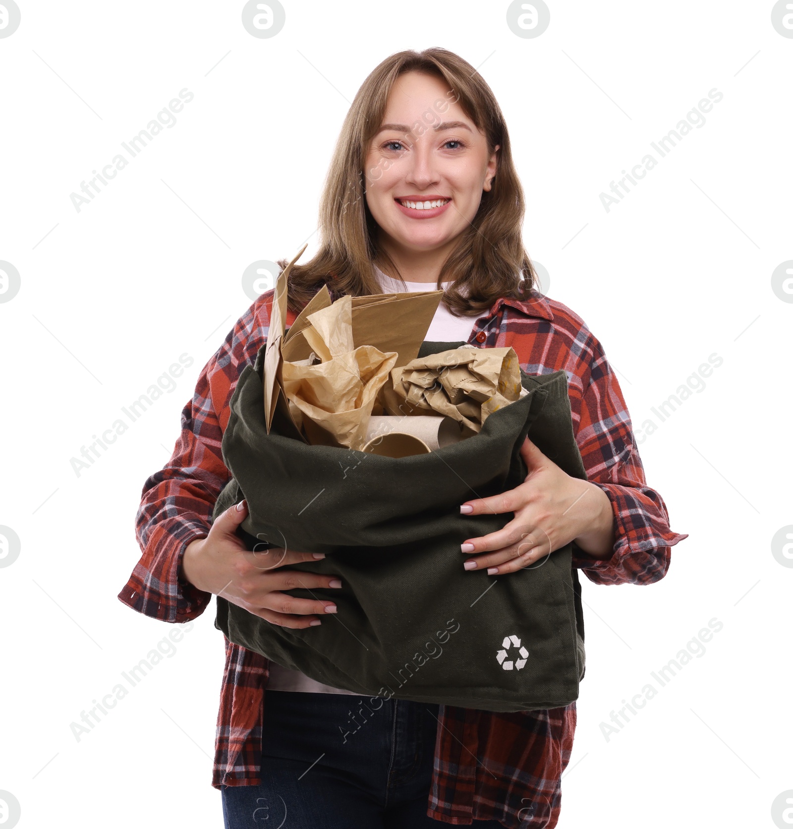 Photo of Recycling. Smiling woman with bag full of different waste paper on white background