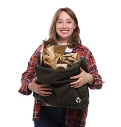 Photo of Recycling. Smiling woman with bag full of different waste paper on white background