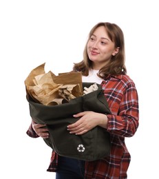 Photo of Recycling. Woman with bag full of different waste paper on white background