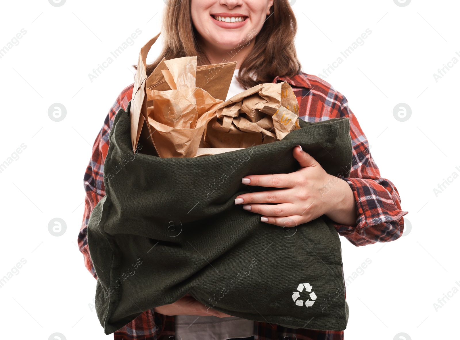 Photo of Recycling. Woman with bag full of different waste paper on white background, closeup