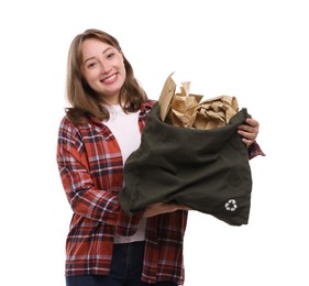 Photo of Recycling. Smiling woman with bag full of different waste paper on white background