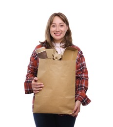 Photo of Recycling. Smiling woman with bag full of different waste paper on white background