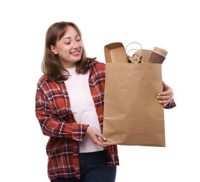 Photo of Recycling. Smiling woman with bag full of different waste paper on white background