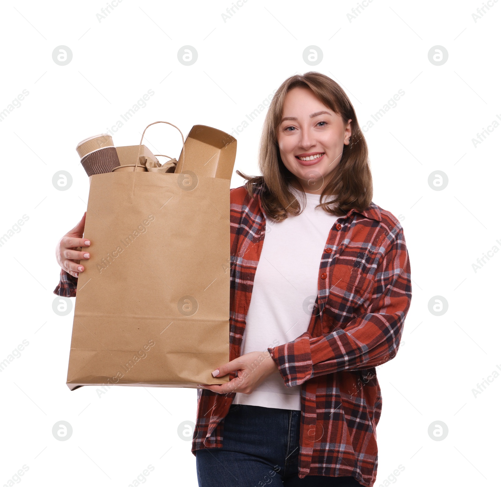 Photo of Recycling. Smiling woman with bag full of different waste paper on white background