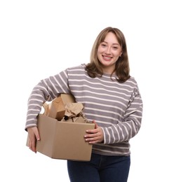 Photo of Recycling. Smiling woman holding cardboard box with different waste paper on white background