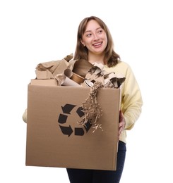 Photo of Recycling. Smiling woman holding cardboard box with different waste paper on white background