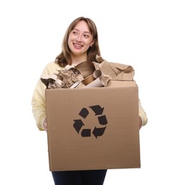 Photo of Recycling. Smiling woman holding cardboard box with different waste paper on white background