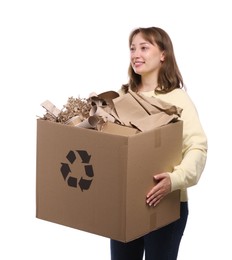 Photo of Recycling. Smiling woman holding cardboard box with different waste paper on white background