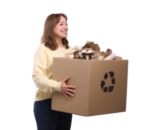 Photo of Recycling. Smiling woman holding cardboard box with different waste paper on white background