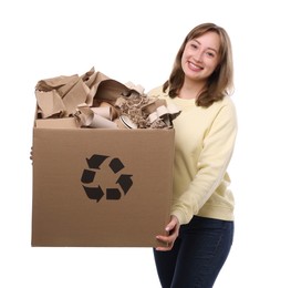 Photo of Recycling. Smiling woman holding cardboard box with different waste paper on white background