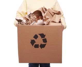 Photo of Recycling. Woman holding cardboard box with different waste paper on white background, closeup