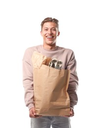 Photo of Recycling. Smiling man with bag full of different waste paper on white background